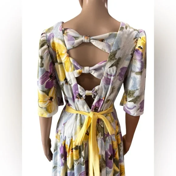 Vintage 1980’s Floral cotton Midi Dress Fit & Flare Handmade Roses Cottagecore - Picture 6 of 10